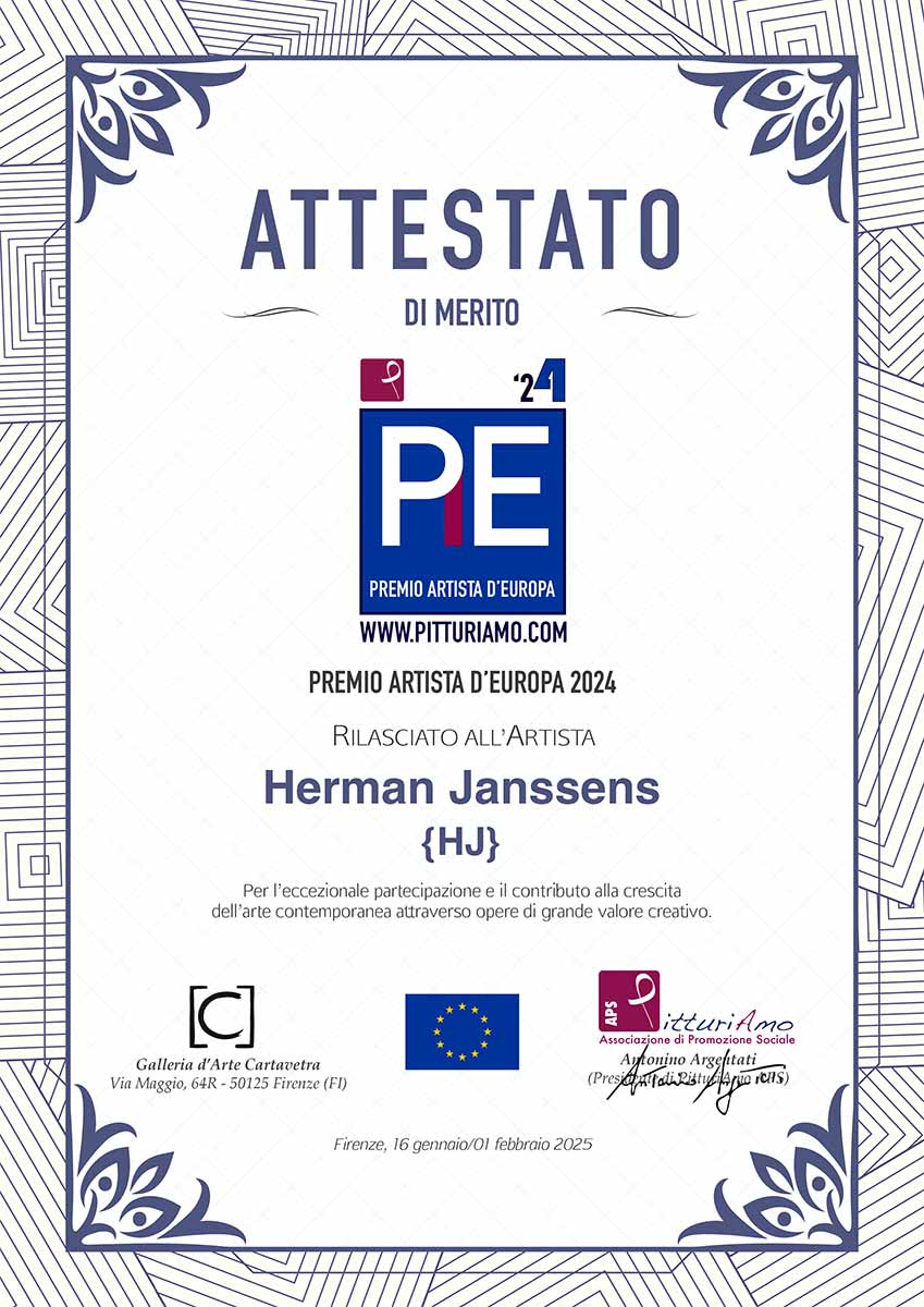 Certificate of Artistic Merit awarded to the contemporary artist Herman Janssens on the occasion of the European Artist Award 2024, organized by the PitturiAmo cultural association.